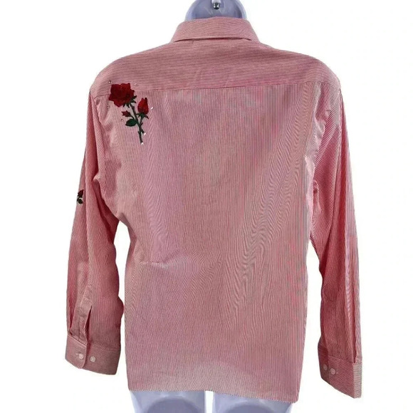 Vintage Las Olas Womens M Red Striped Button Top Rose Embroidery Blouse Western - Picture 2 of 13
